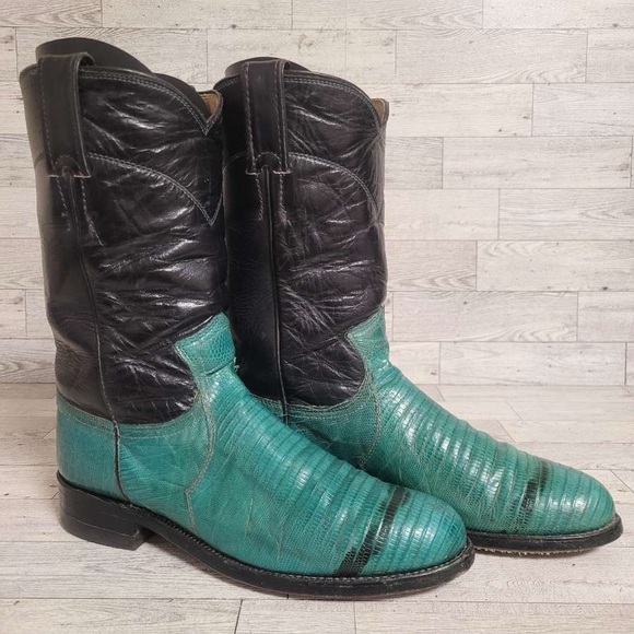 Vintage Justin Western Turquoise Green Lizard Leather Cowboy Boots Women's 6.5 B - Picture 2 of 9